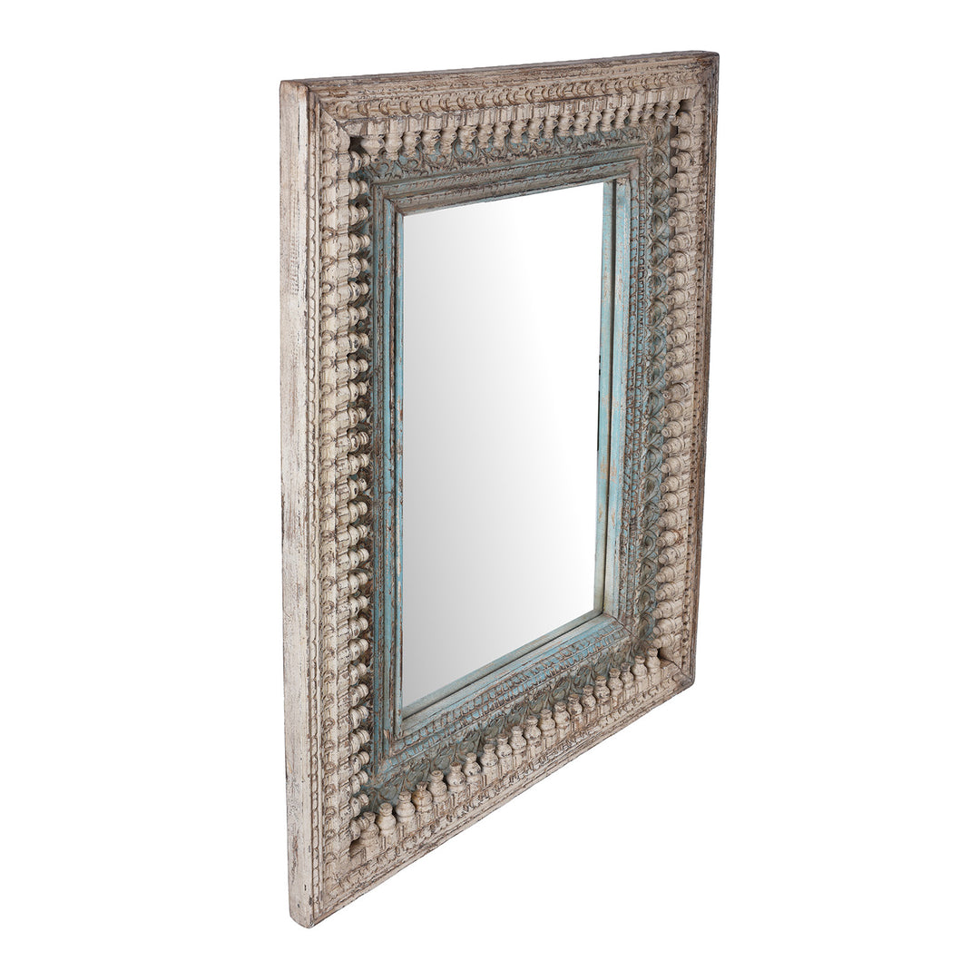 Depth Detail From Hand Carved Mango Wood Mirror With Distressed Off White And Turquoise Finish