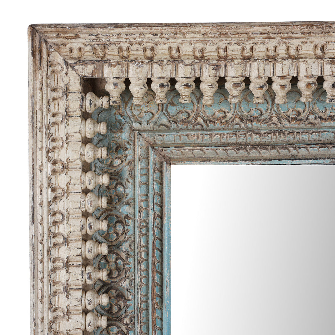 Corner Detail From Hand Carved Mango Wood Mirror With Distressed Off White And Turquoise Finish
