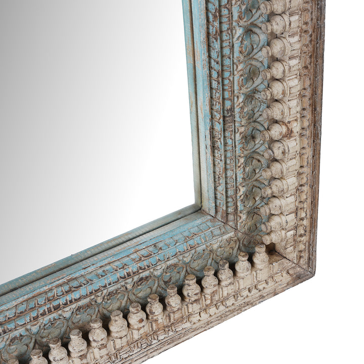 Depth Of Frame Detail From Hand Carved Mango Wood Mirror With Distressed Off White And Turquoise Finish