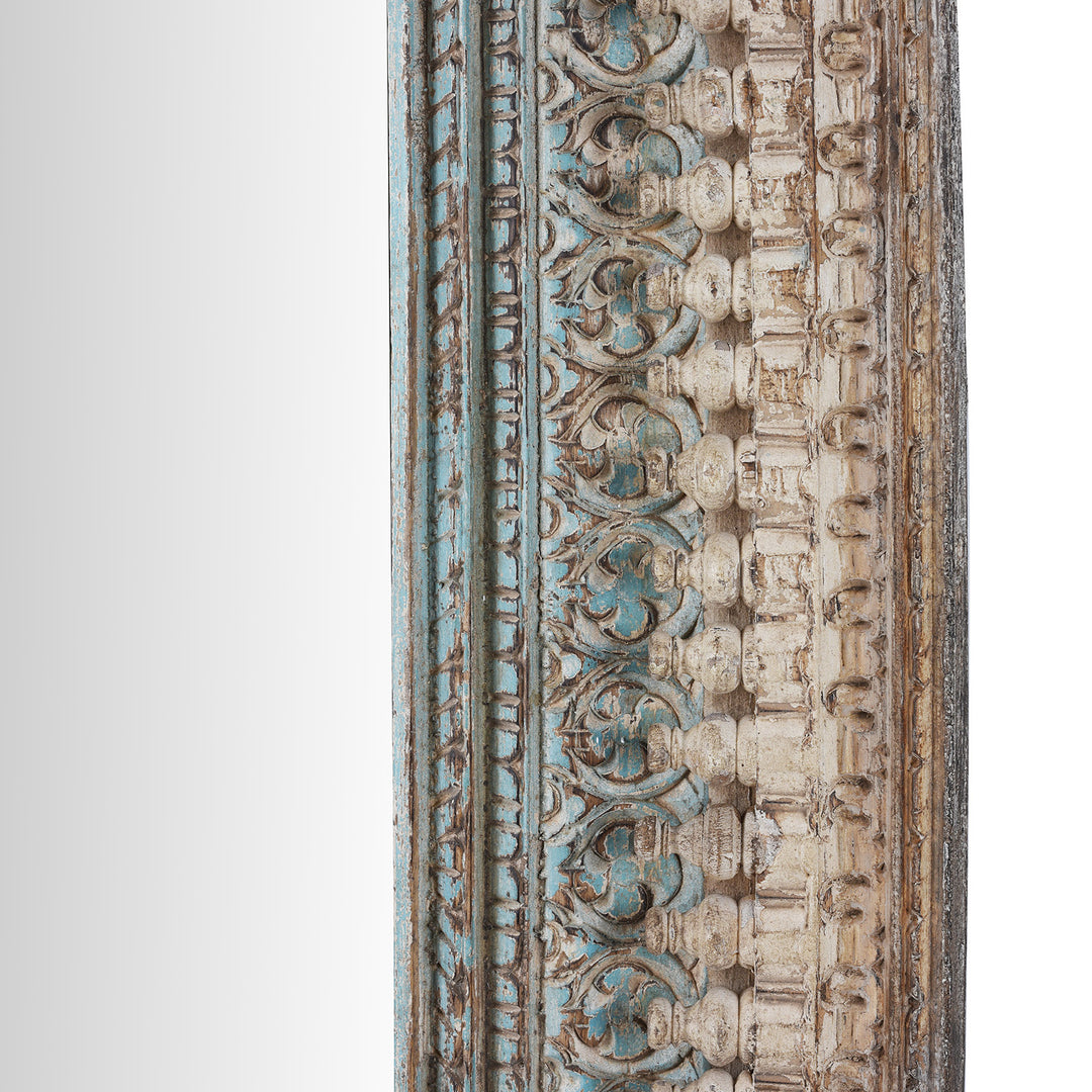 Frame Detail From Hand Carved Mango Wood Mirror With Distressed Off White And Turquoise Finish