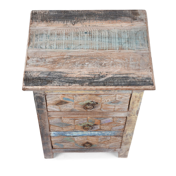 Top Down View Of Reclaimed Teak Three Drawer Cabinet With Geometric Drawer Fronts Made From Salvaged Wood In India