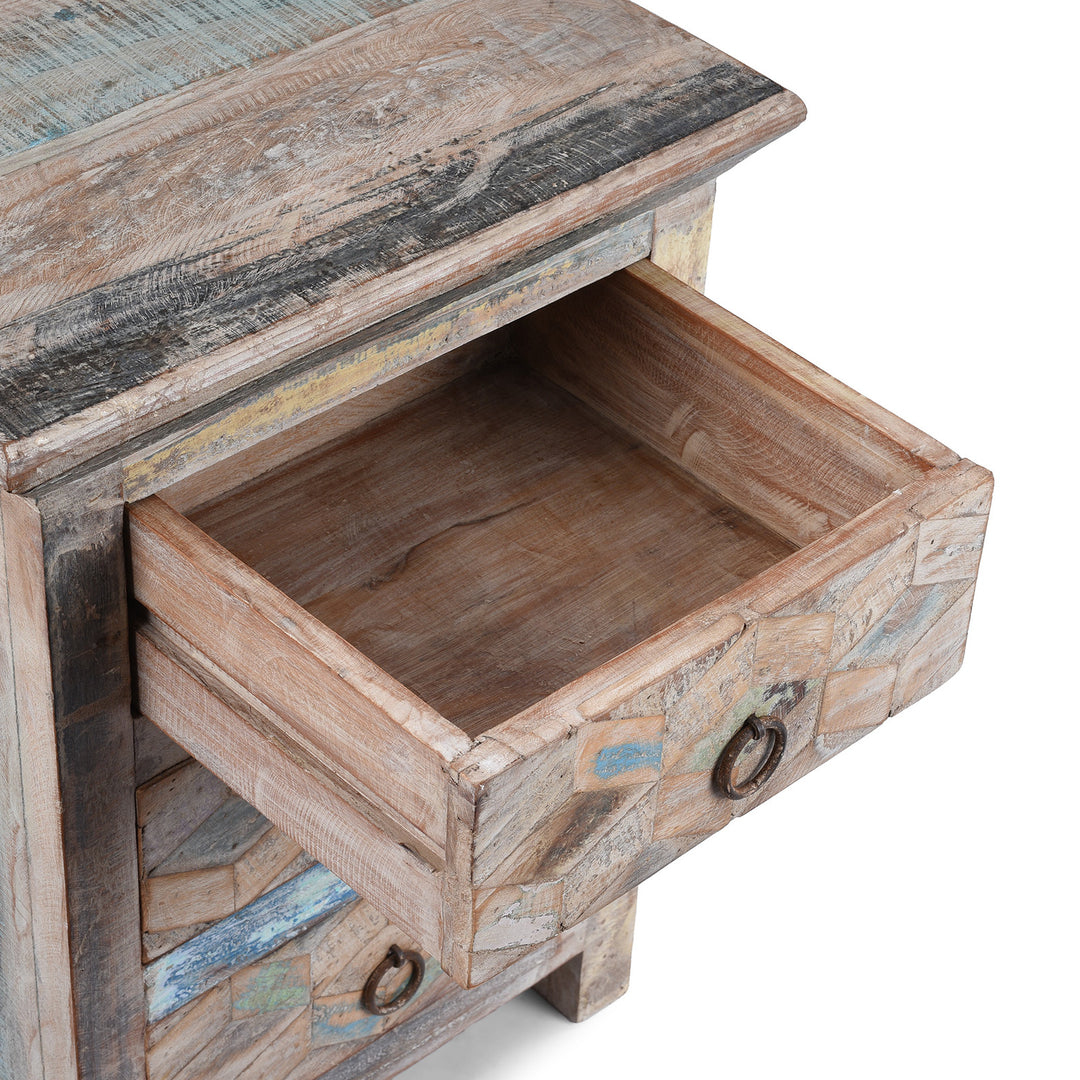 Drawer Detail From Reclaimed Teak Three Drawer Cabinet With Geometric Drawer Fronts Made From Salvaged Wood In India