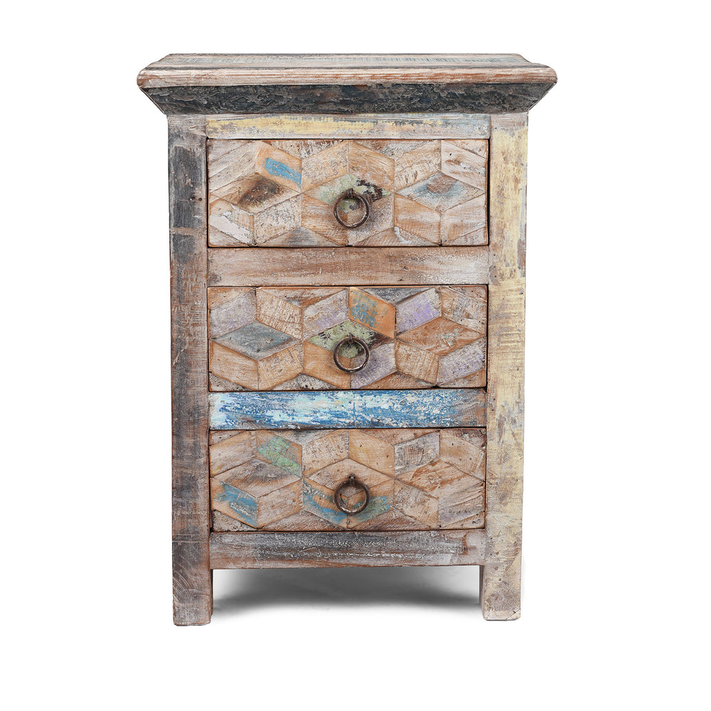 Reclaimed Teak Three Drawer Cabinet With Geometric Drawer Fronts Made From Salvaged Wood In India