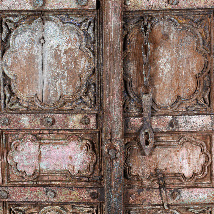 Carving And Latch Detail From Antique Indian Painted Door From Gujarat | Indigo Antiques