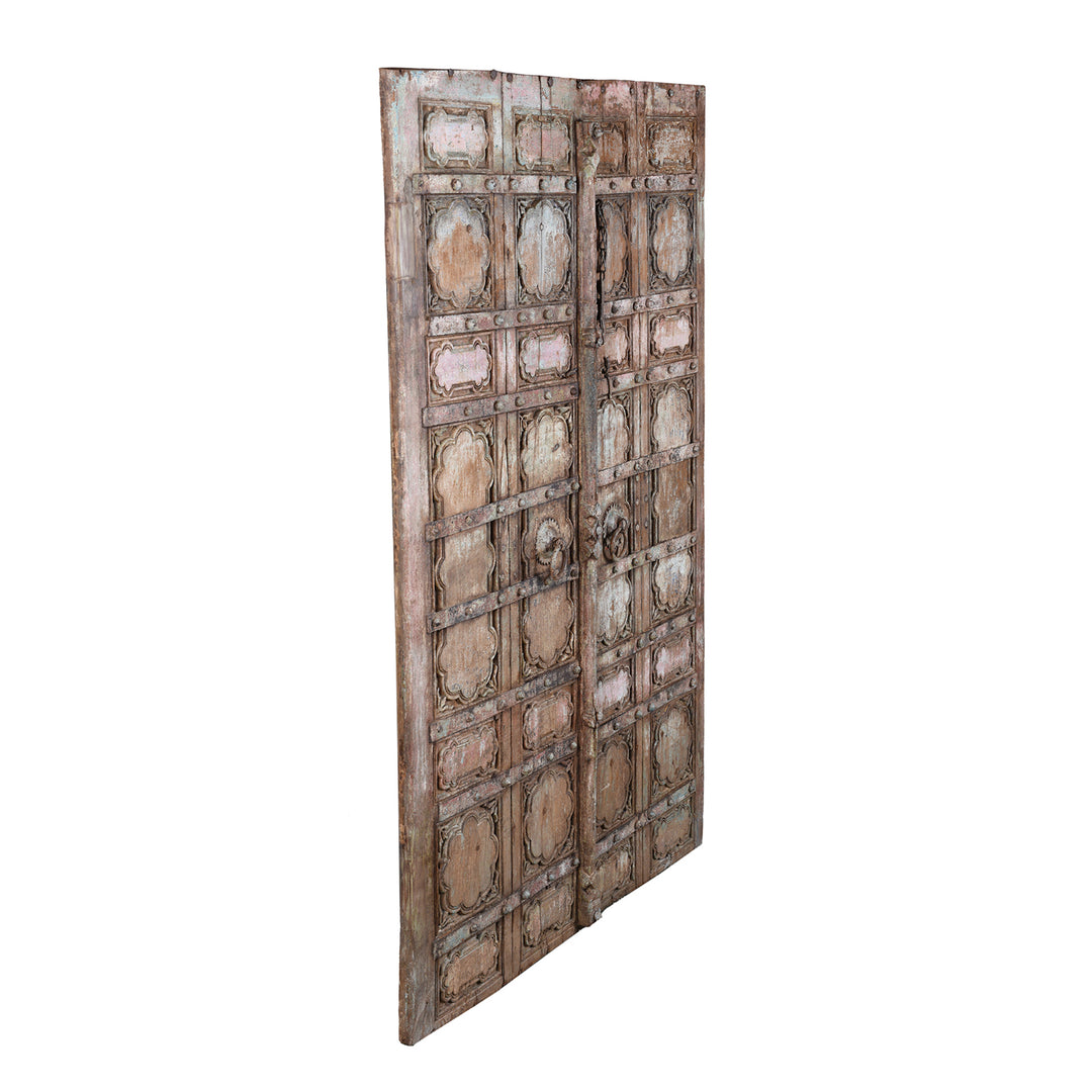 Angled View Of Antique Indian Painted Door From Gujarat | Indigo Antiques