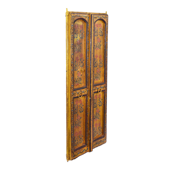 Angled View Of Reproduction Floral Painted Indian Doors | Indigo Antiques