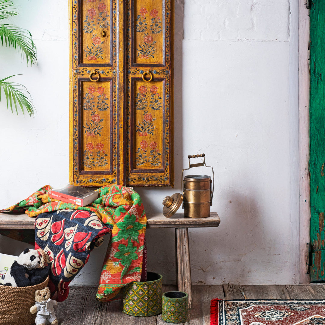 Rustic hallway bench in a bold and bohemian room