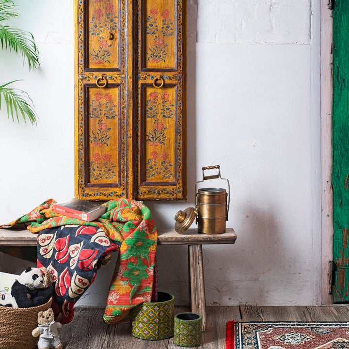 Rustic hallway bench in a bold and bohemian room