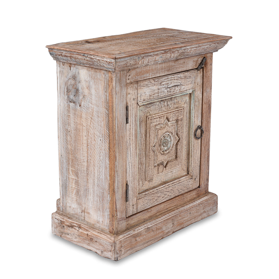 Angled View Of Bedside Cabinet Made From Reclaimed Carved Teak | Indigo Antiques