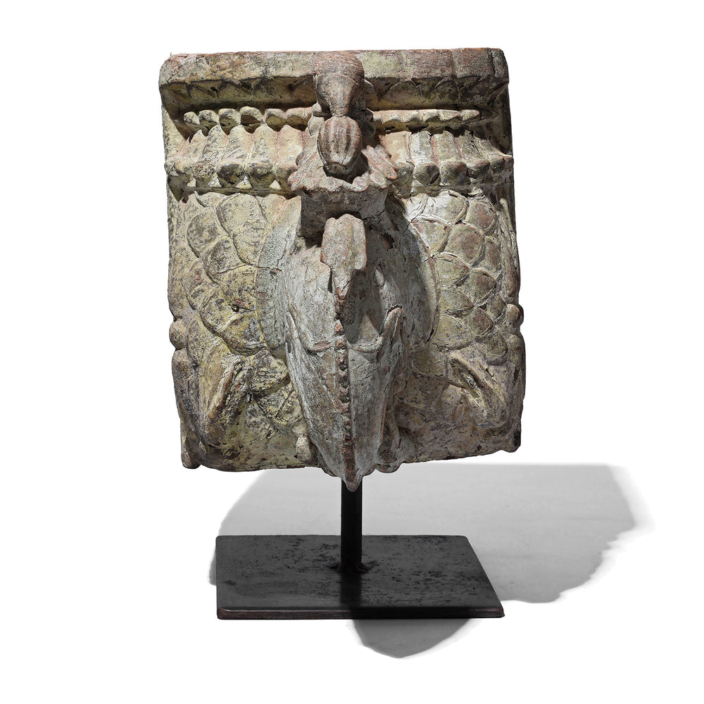 Frontal View Of Carved Teak Gujarati Elephant Corbel With Parrot And Floral Motifs On Stand