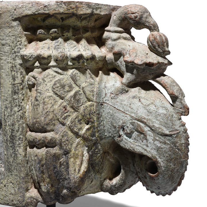 Detail From Carved Teak Gujarati Elephant Corbel With Parrot And Floral Motifs On Stand