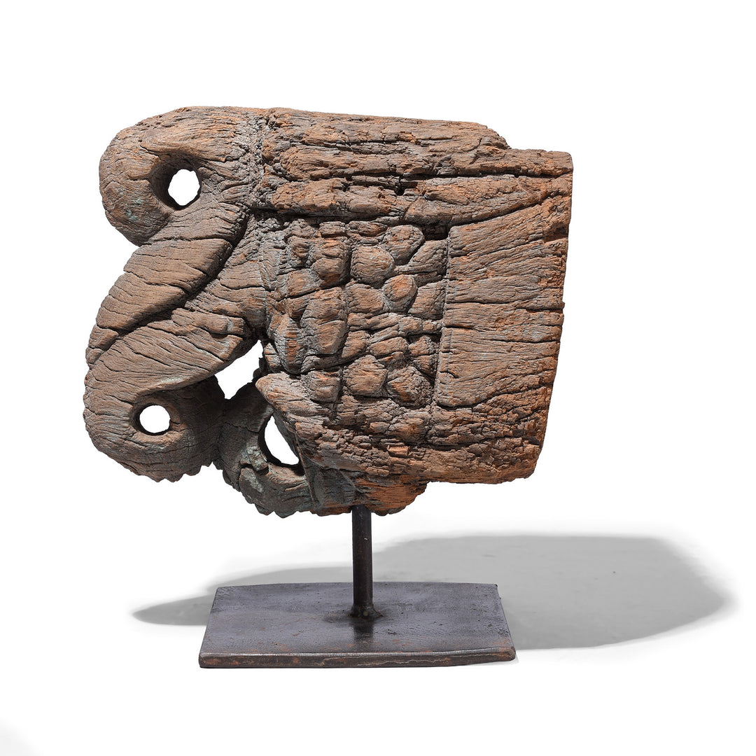 Side View Of Antique Indian Carved Teak Elephant &  Peacock Corbel | Indigo Antiques