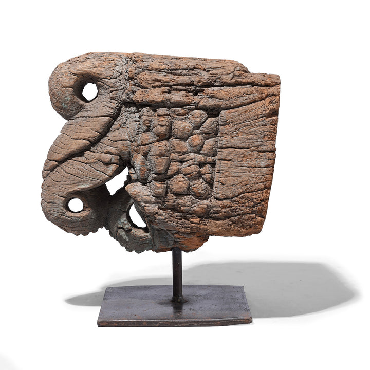 Side View Of Antique Indian Carved Teak Elephant &  Peacock Corbel | Indigo Antiques