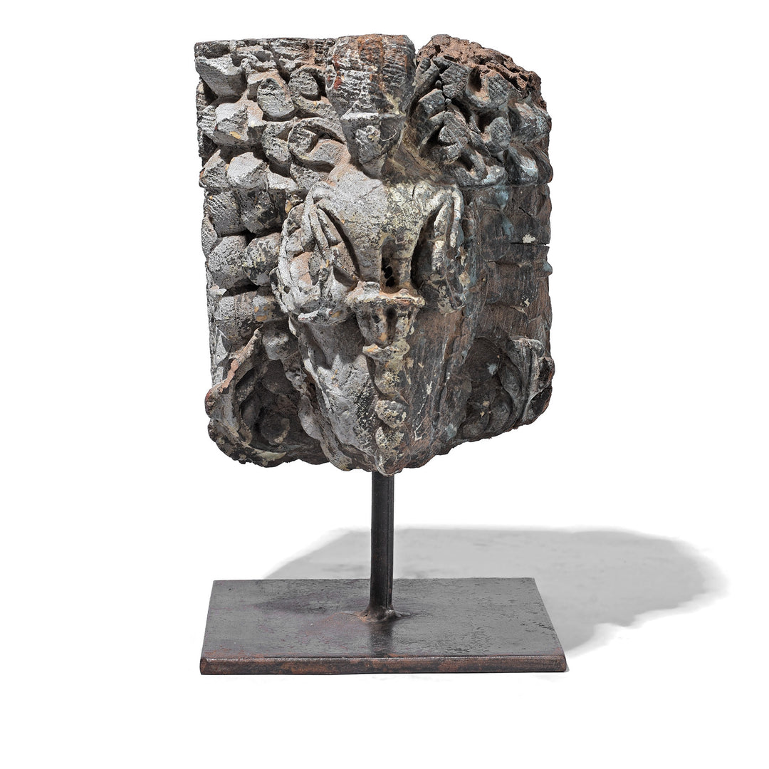 Frontal VIew Of Beautifully Carved Teak Peacock Corbel From Gujarat 19th Century Mounted On Stand