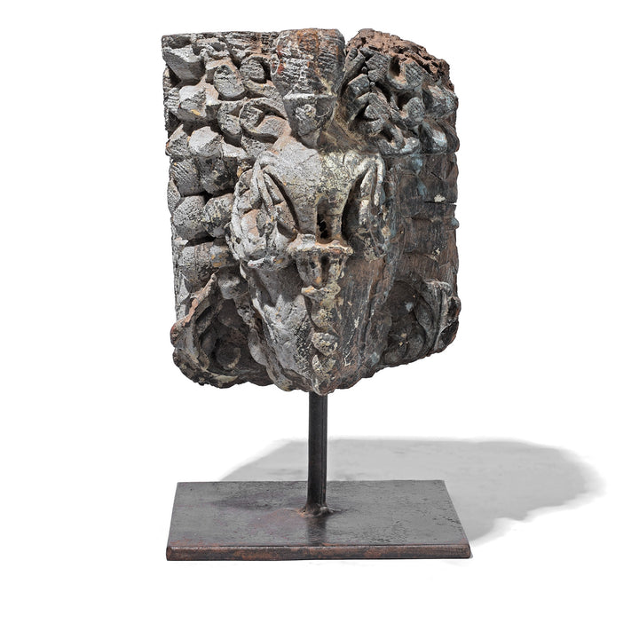 Frontal VIew Of Beautifully Carved Teak Peacock Corbel From Gujarat 19th Century Mounted On Stand