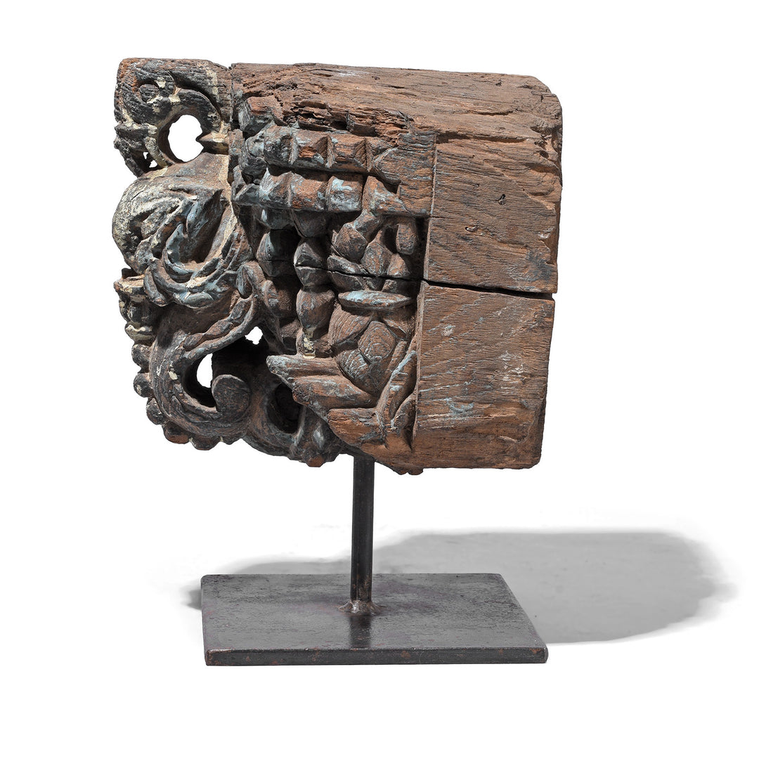 Side View Of Beautifully Carved Teak Peacock Corbel From Gujarat 19th Century Mounted On Stand