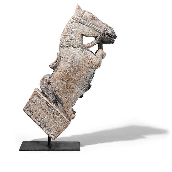 Option 1 Carved Teak Horse Head Architectural Corbel On Iron Stand From Andhra Pradesh 19th Century