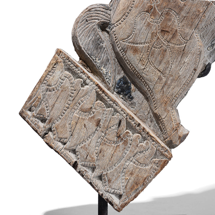 Carving Detail From Option 1 Carved Teak Horse Head Architectural Corbel On Iron Stand From Andhra Pradesh 19th Century