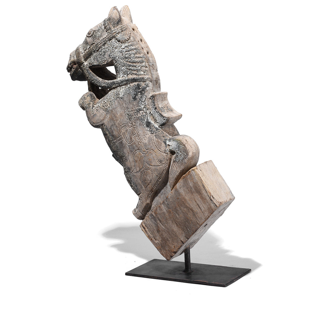 Rear View Of Option 1 Carved Teak Horse Head Architectural Corbel On Iron Stand From Andhra Pradesh 19th Century