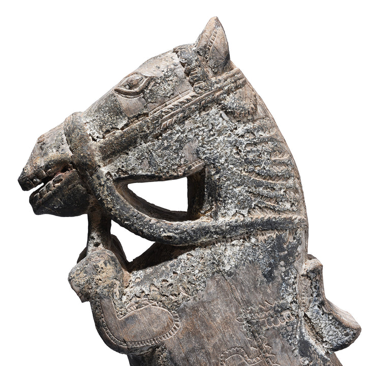 Face Profile Detail From Option 1 Carved Teak Horse Head Architectural Corbel On Iron Stand From Andhra Pradesh 19th Century