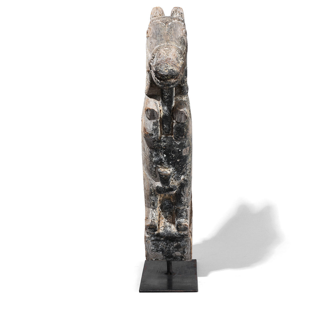 Front View Of Option 1 Carved Teak Horse Head Architectural Corbel On Iron Stand From Andhra Pradesh 19th Century