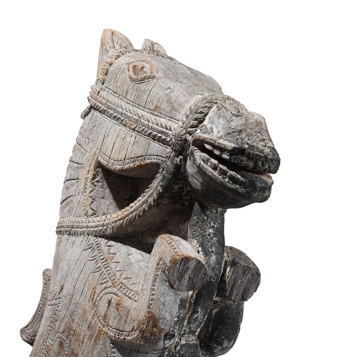 Face Detail From Option 1 Carved Teak Horse Head Architectural Corbel On Iron Stand From Andhra Pradesh 19th Century