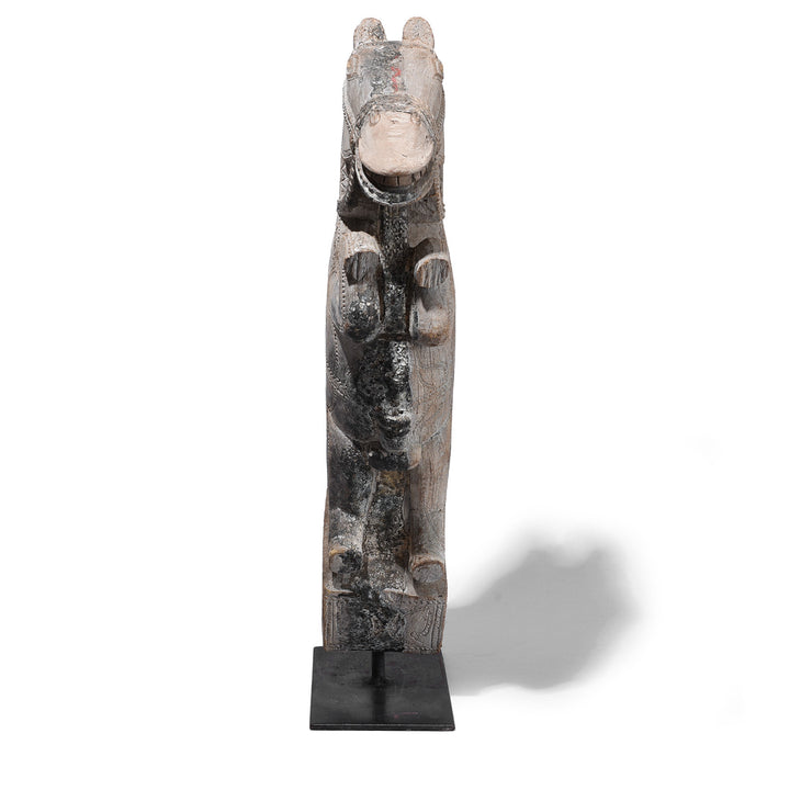 Front View Of Option 2 Carved Teak Horse Head Architectural Corbel On Iron Stand From Andhra Pradesh 19th Century