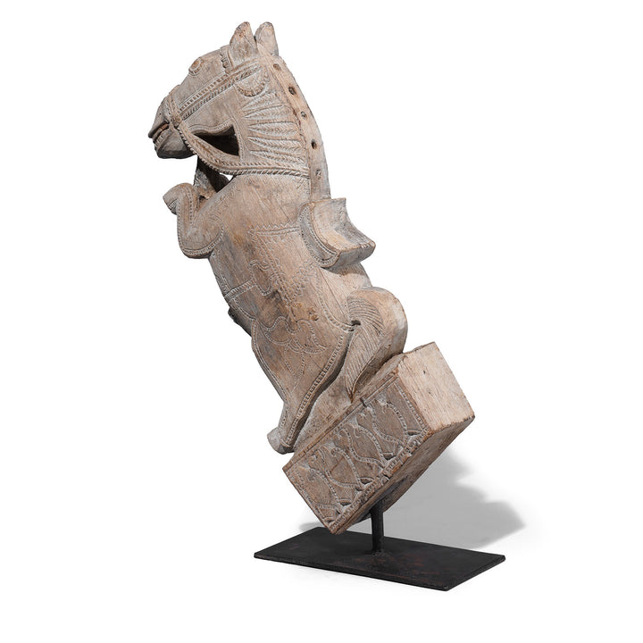Rear View Of Option 2 Carved Teak Horse Head Architectural Corbel On Iron Stand From Andhra Pradesh 19th Century