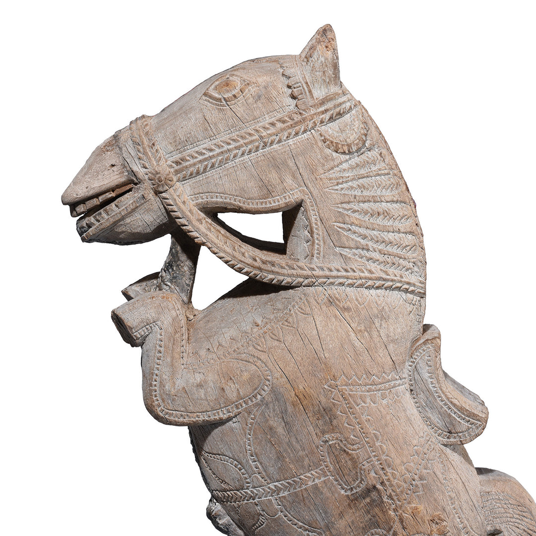 Profile View Of Option 2 Carved Teak Horse Head Architectural Corbel On Iron Stand From Andhra Pradesh 19th Century