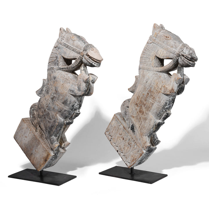 Pair Of  Carved Teak Horse Head Architectural Corbels On Iron Stands From Andhra Pradesh 19th Century