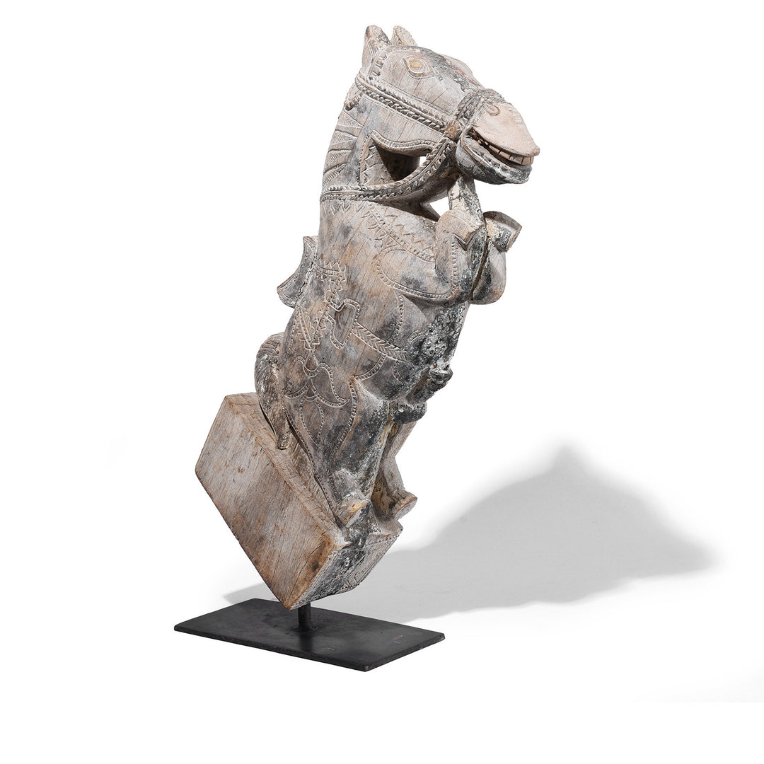 Option 2 Carved Teak Horse Head Architectural Corbel On Iron Stand From Andhra Pradesh 19th Century