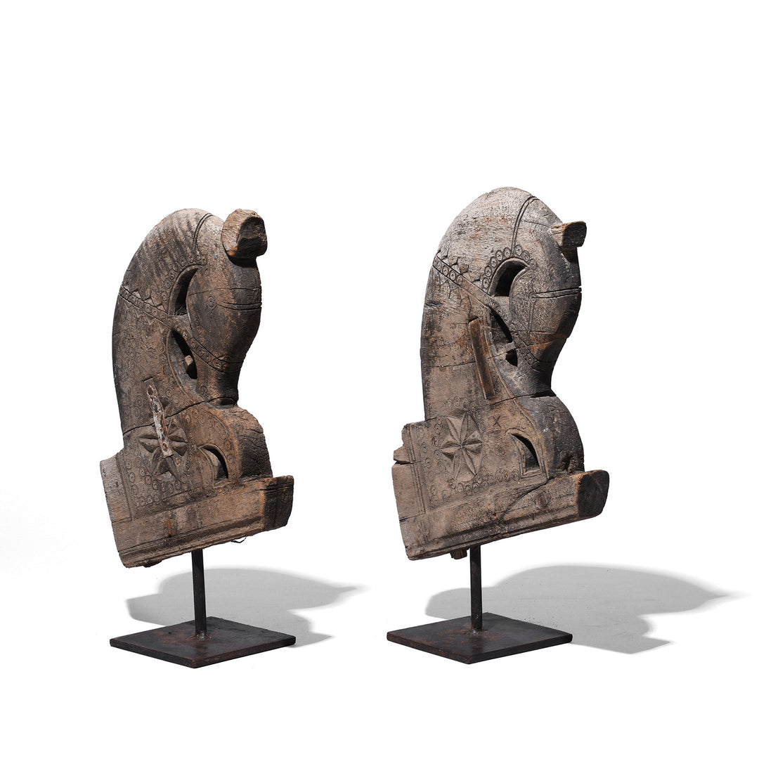 Angled VIew Of Carved Teak Horse Head Corbel Sculpture On Stand From Gujarat 19Th Century