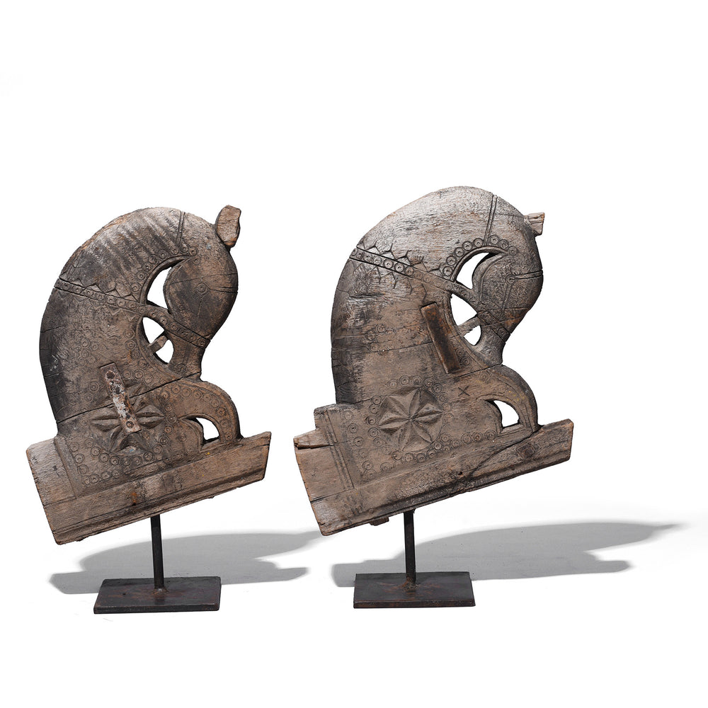 Pair Of Carved Teak Horse Head Corbel Sculpture On Stand From Gujarat 19Th Century