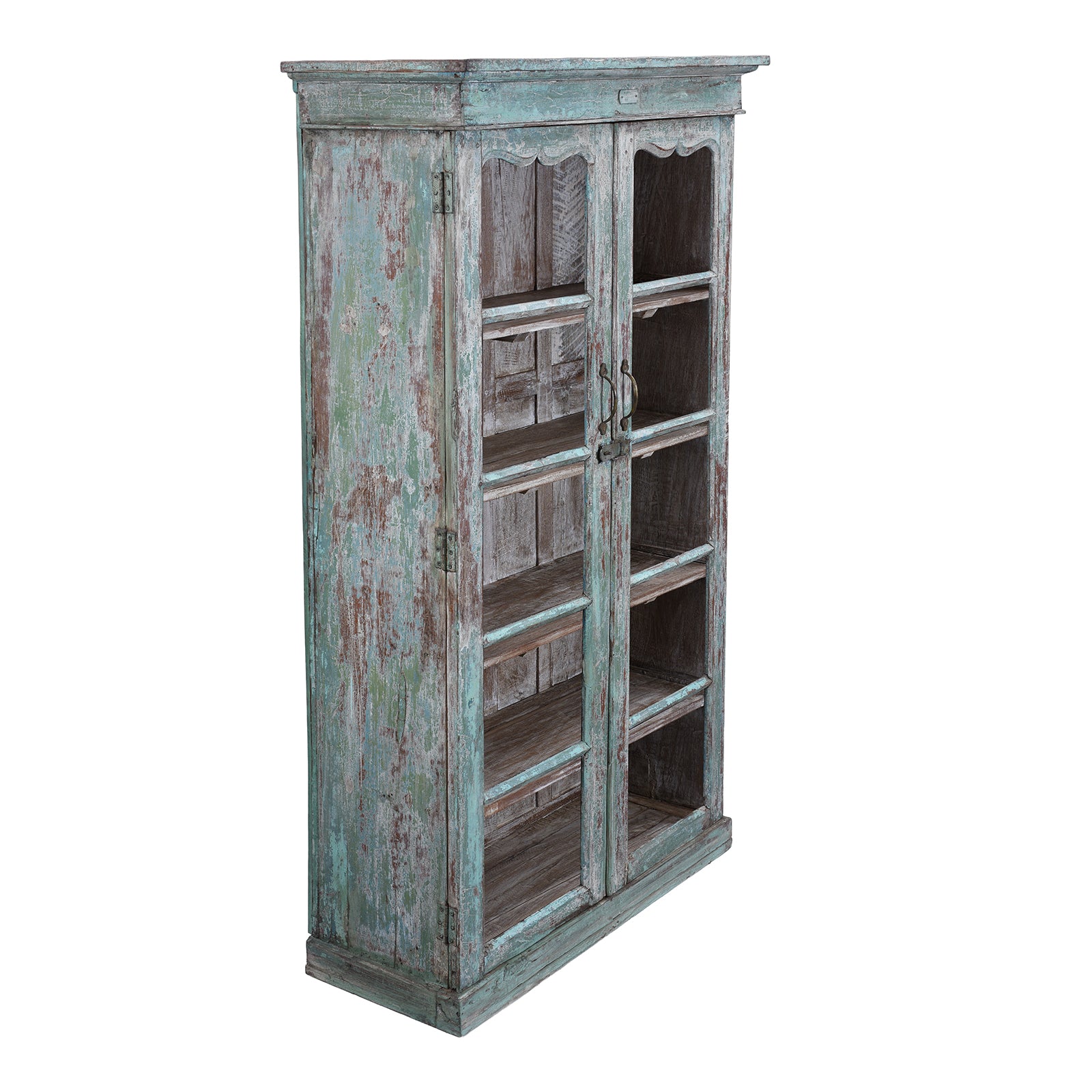 Angled View Of Antique Indian Glazed Painted Book Cabinet