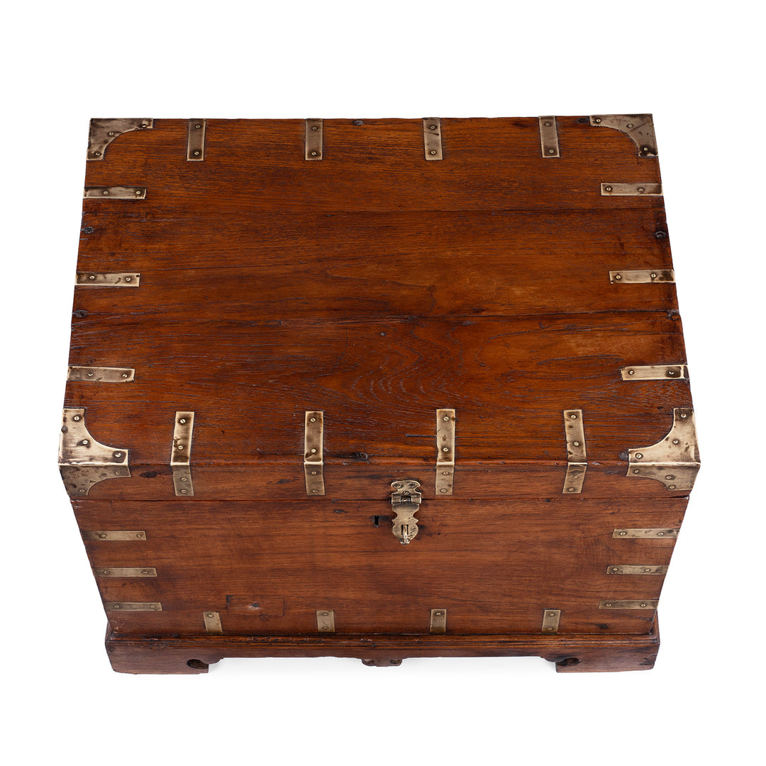 Top Down View Of Brass Bound Teak Anglo Indian Military Chest With Original Fittings