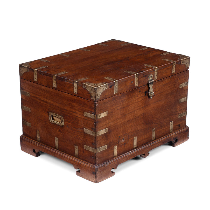 Angled View Of Brass Bound Teak Anglo Indian Military Chest With Original Fittings