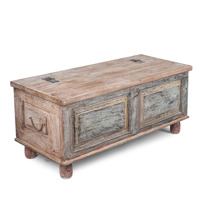 Angled View Of Reclaimed Teak Blanket Chest With Painted Finish | Indigo Antiques