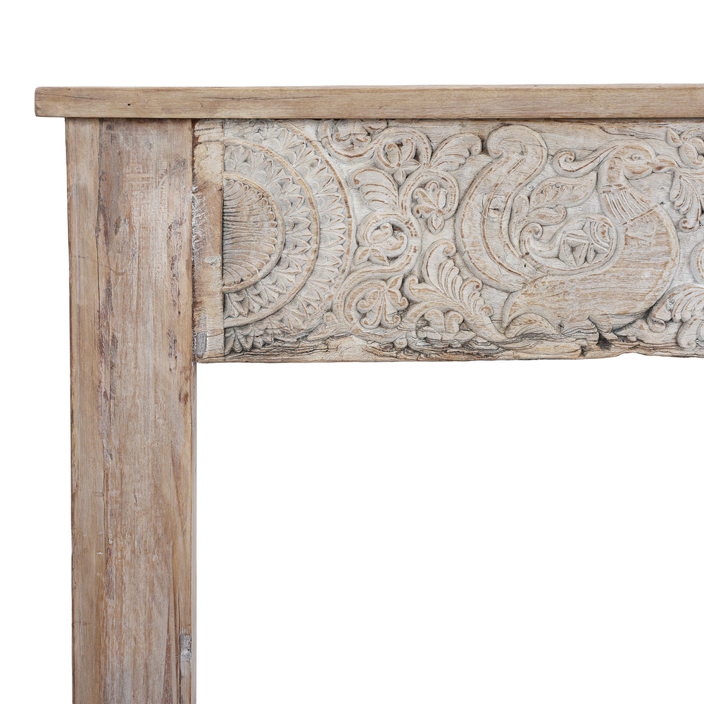 Corner Detail from Reclaimed Wood Console Table With Antique Teak Peacock Carvings From Rajasthan And Gujarat