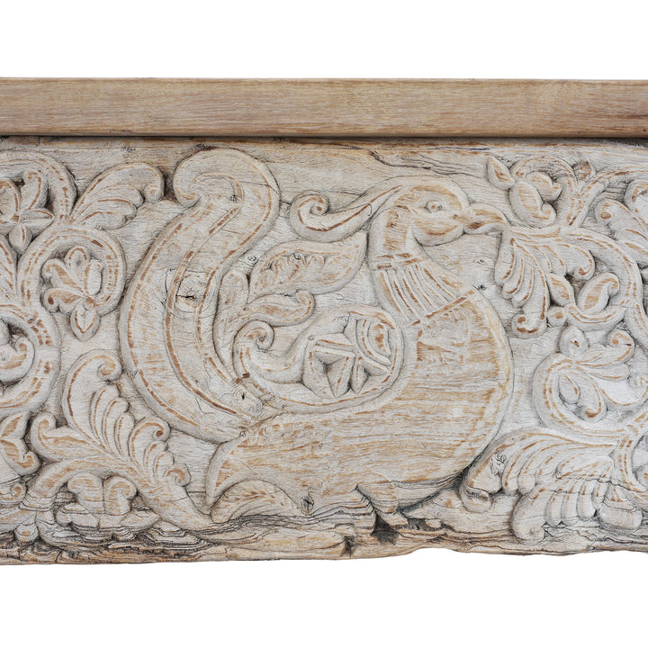 Peacock Carving Detail From Reclaimed Wood Console Table With Antique Teak Peacock Carvings From Rajasthan And Gujarat