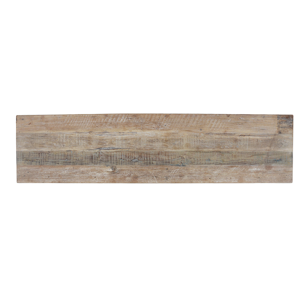 Top Down View Of Reclaimed Wood Console Table With Antique Teak Peacock Carvings From Rajasthan And Gujarat