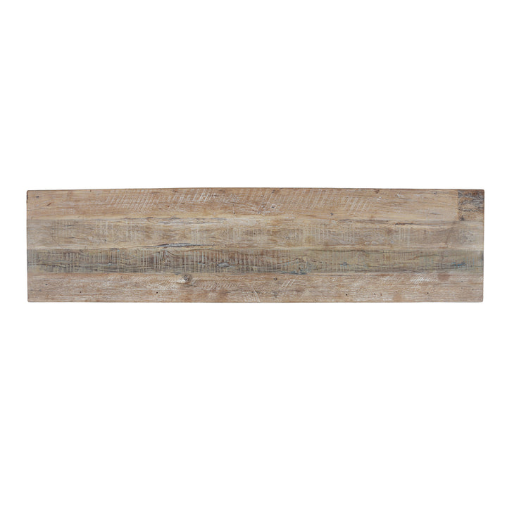 Top Down View Of Reclaimed Wood Console Table With Antique Teak Peacock Carvings From Rajasthan And Gujarat