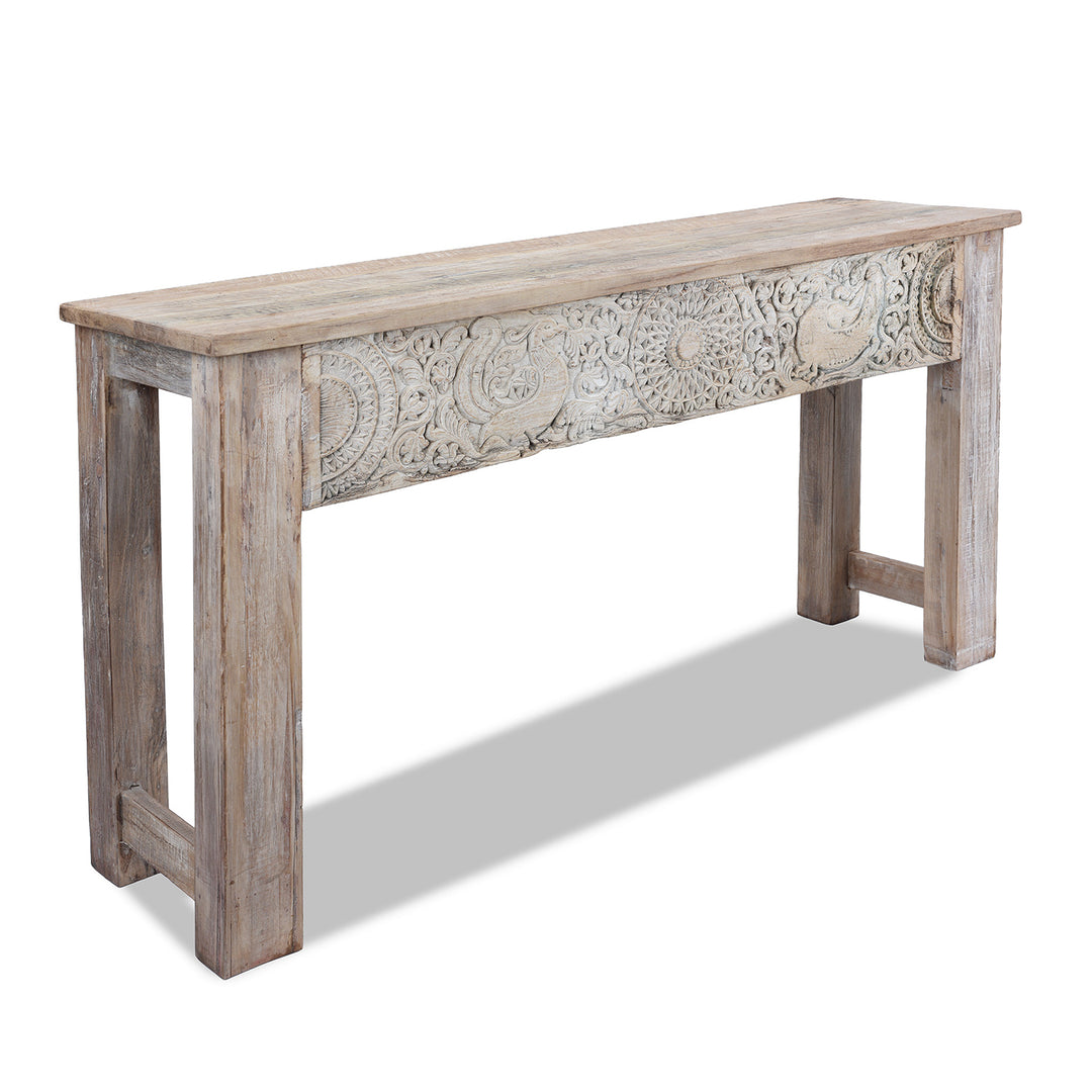 Angled View Of Reclaimed Wood Console Table With Antique Teak Peacock Carvings From Rajasthan And Gujarat
