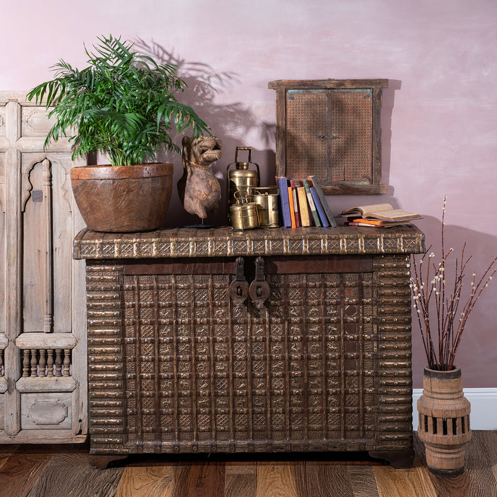 Traditional Indian interior decor with an antique Indian pithara dowry chest