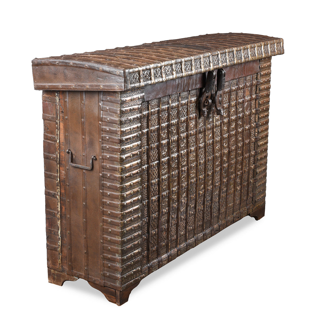 Angled VIew Of Antique Indian Brass Bound Pithara | Indigo Antiques