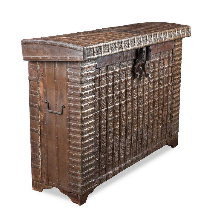 Angled VIew Of Antique Indian Brass Bound Pithara | Indigo Antiques