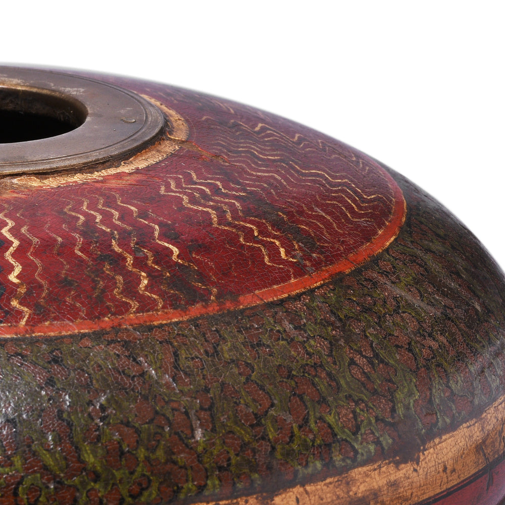Lacquer Detail View Of Lacquered Tobacco Box From Rajasthan With Red Wave Pattern And Green Speckled Design Without Lid