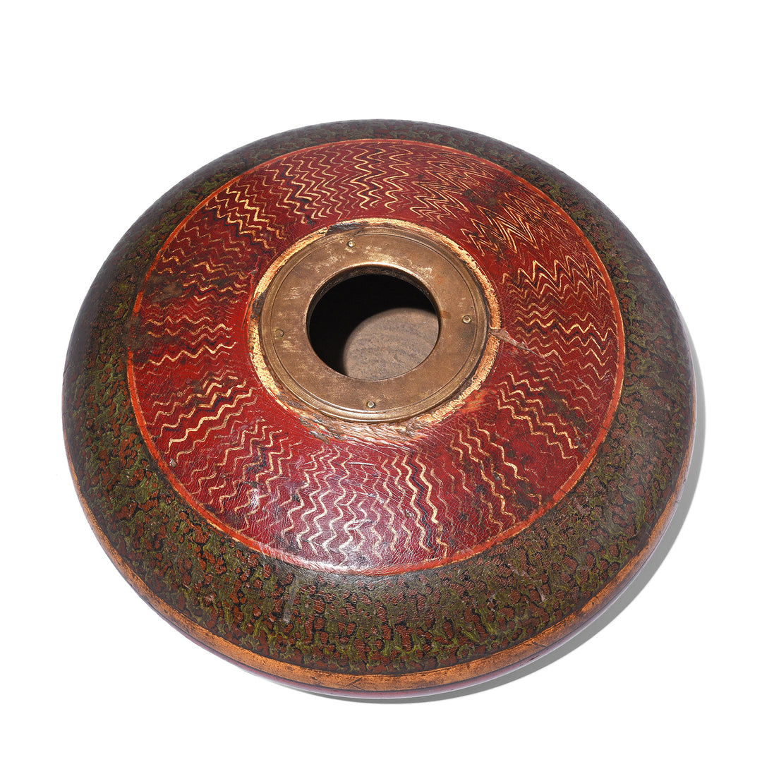 Top Down View Of Lacquered Tobacco Box From Rajasthan With Red Wave Pattern And Green Speckled Design Without Lid