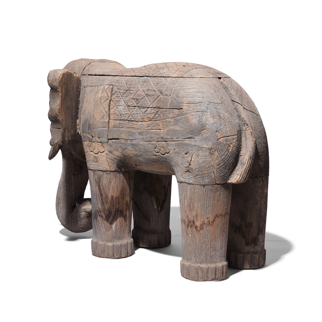 Rear View Of Carved Teak Gujarati Elephant With Floral Motif And Incised Decoration