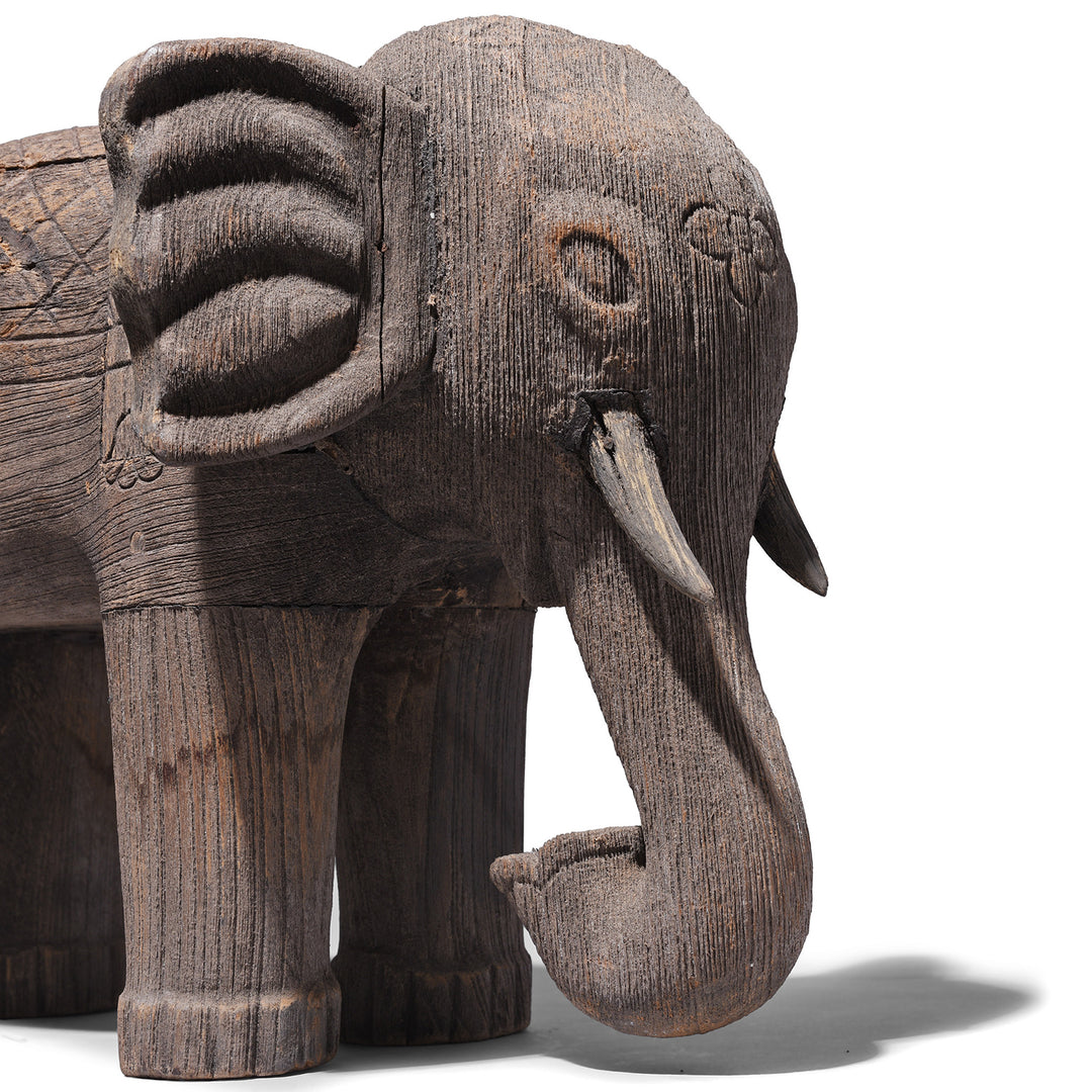 Face Detail From Carved Teak Gujarati Elephant With Floral Motif And Incised Decoration