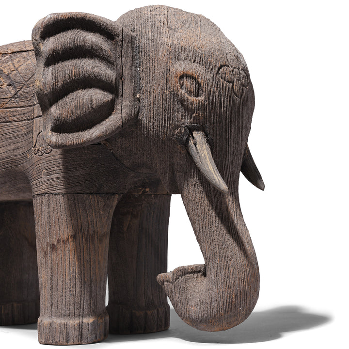 Face Detail From Carved Teak Gujarati Elephant With Floral Motif And Incised Decoration